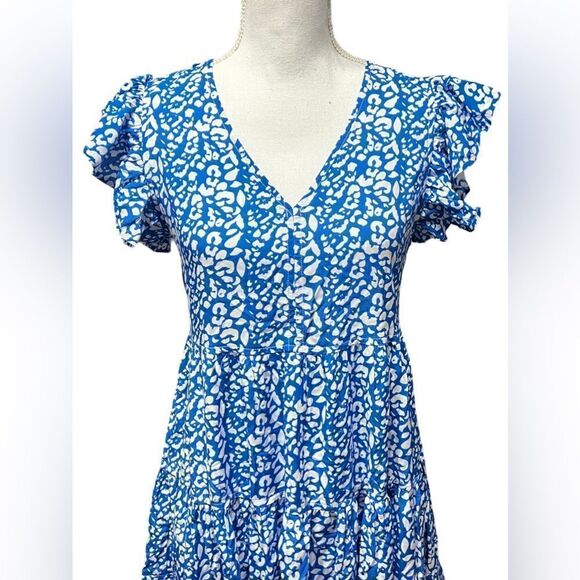 Pinch Tiered Mini Dress Blue White Ruffle Sleeveless - Picture 2 of 7